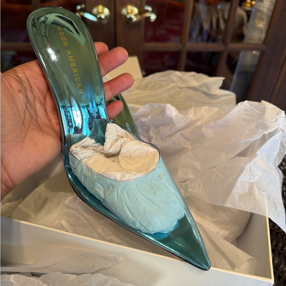Good American Pointy Toe PVC Mules Heels in Turquoise 8.5 - Picture 8 of 8